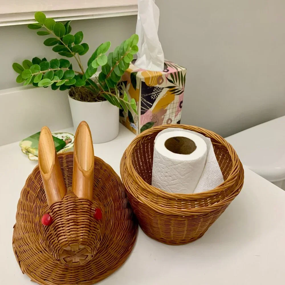 Vintage Wicker and Bamboo Bunny Rabbit Lidded Basket Functional/Whimsical Cute!
